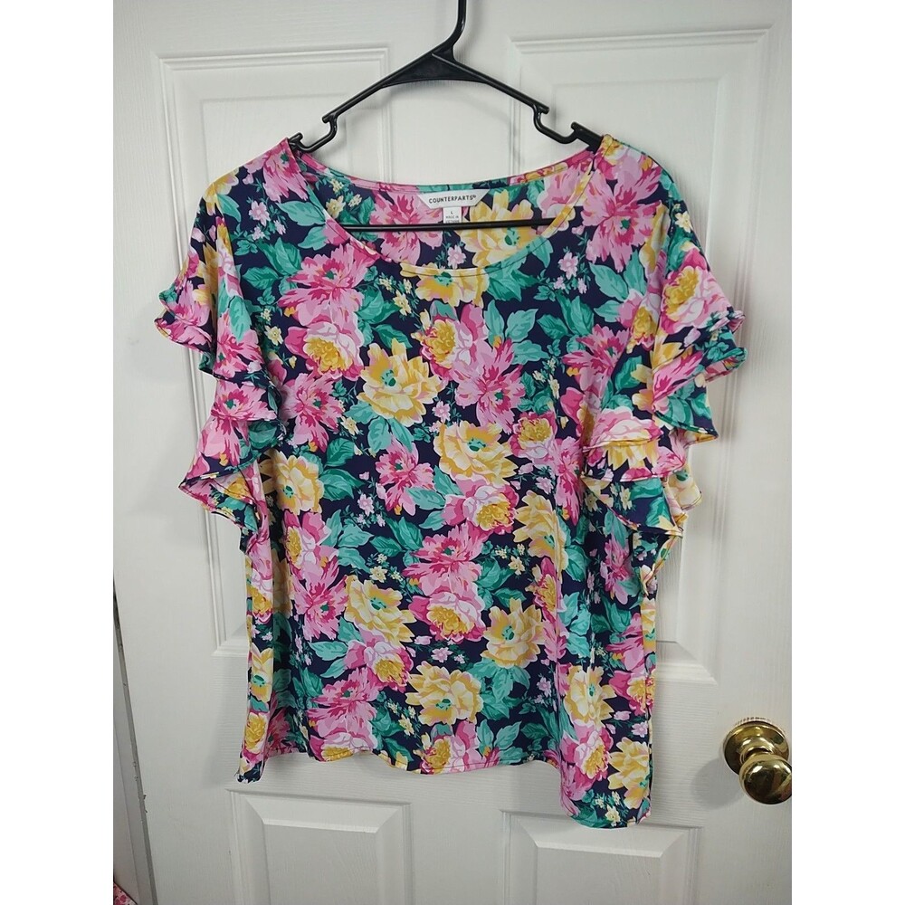 COUNTERPARTS Womens L Floral SS Blouse w/Navy Background & Flutter Sleeves